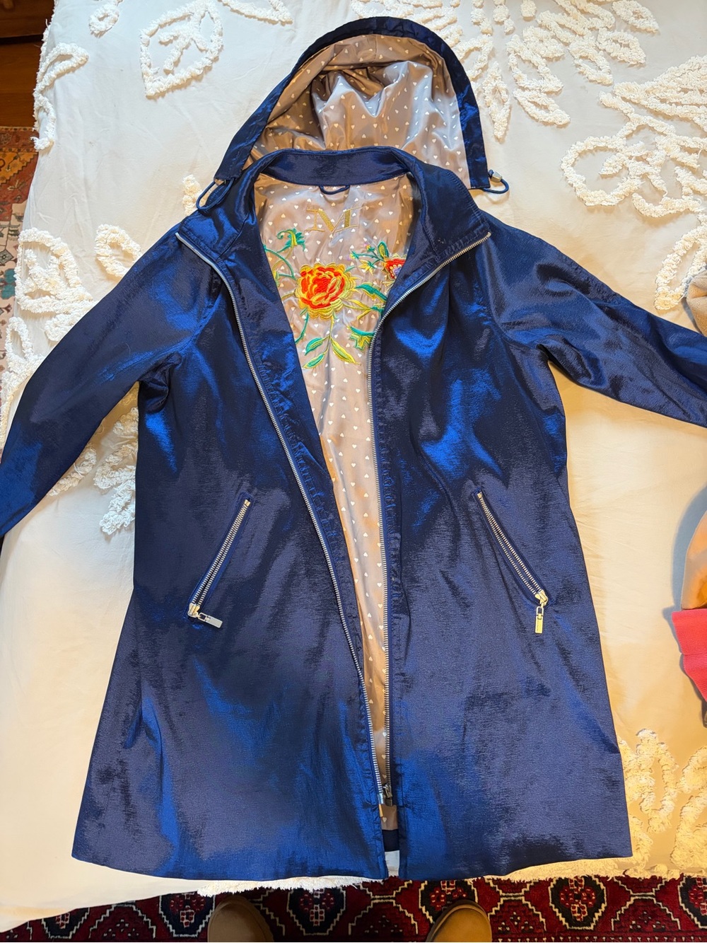 Mycra Pac Designer Wear Navy Hooded Trench Coat with Embroidered Lining